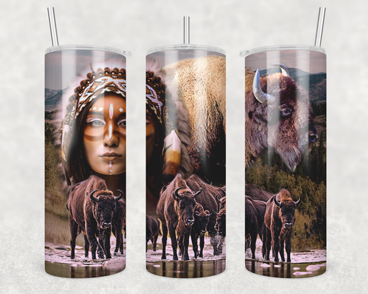 20 oz Skinny Tumbler Buffalo Mural Native American Women Bison Buffalo Sublimation Design