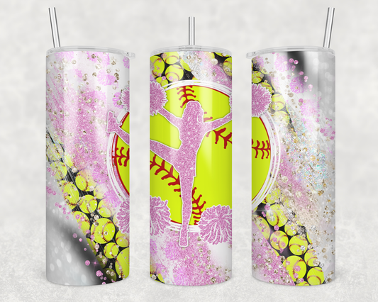 20 oz Skinny Tumbler Softball Cheer Pink Glitter Sublimation Design Template Design