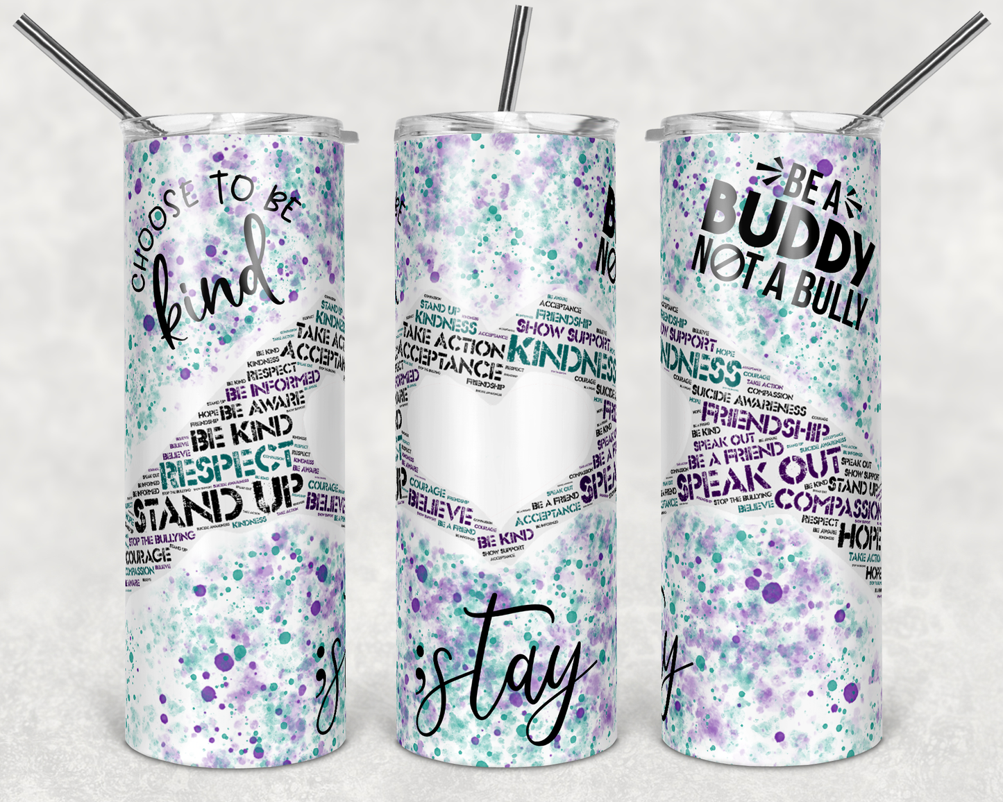20 oz Skinny Tumbler Sublimation Suicide Awareness Anti Bully Word Art Suicide