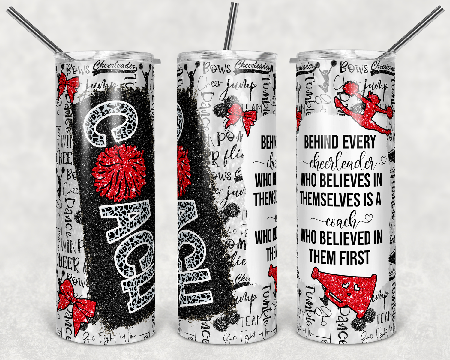 20 oz Skinny Tumbler Cheer Coach Red Glitter Leopard and Black Sublimation  Design with quote print transfer