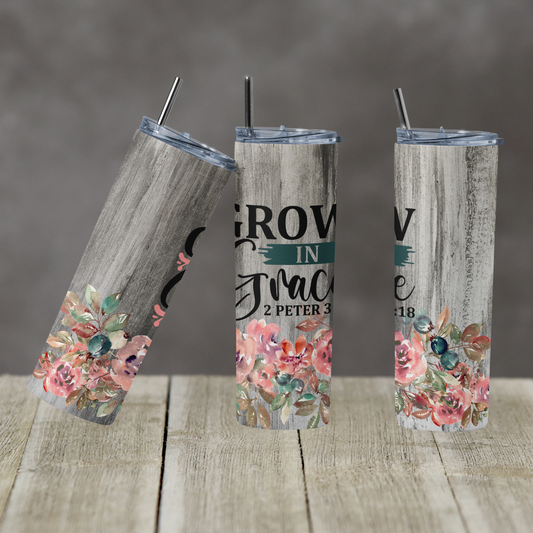 20 oz Skinny Tumbler Gray Wood Floral Heart Grow in Grace Sublimation Design