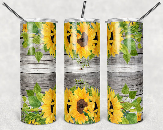 20 oz Skinny Tumbler Wood Sunflower Sublimation Design Print Transfer