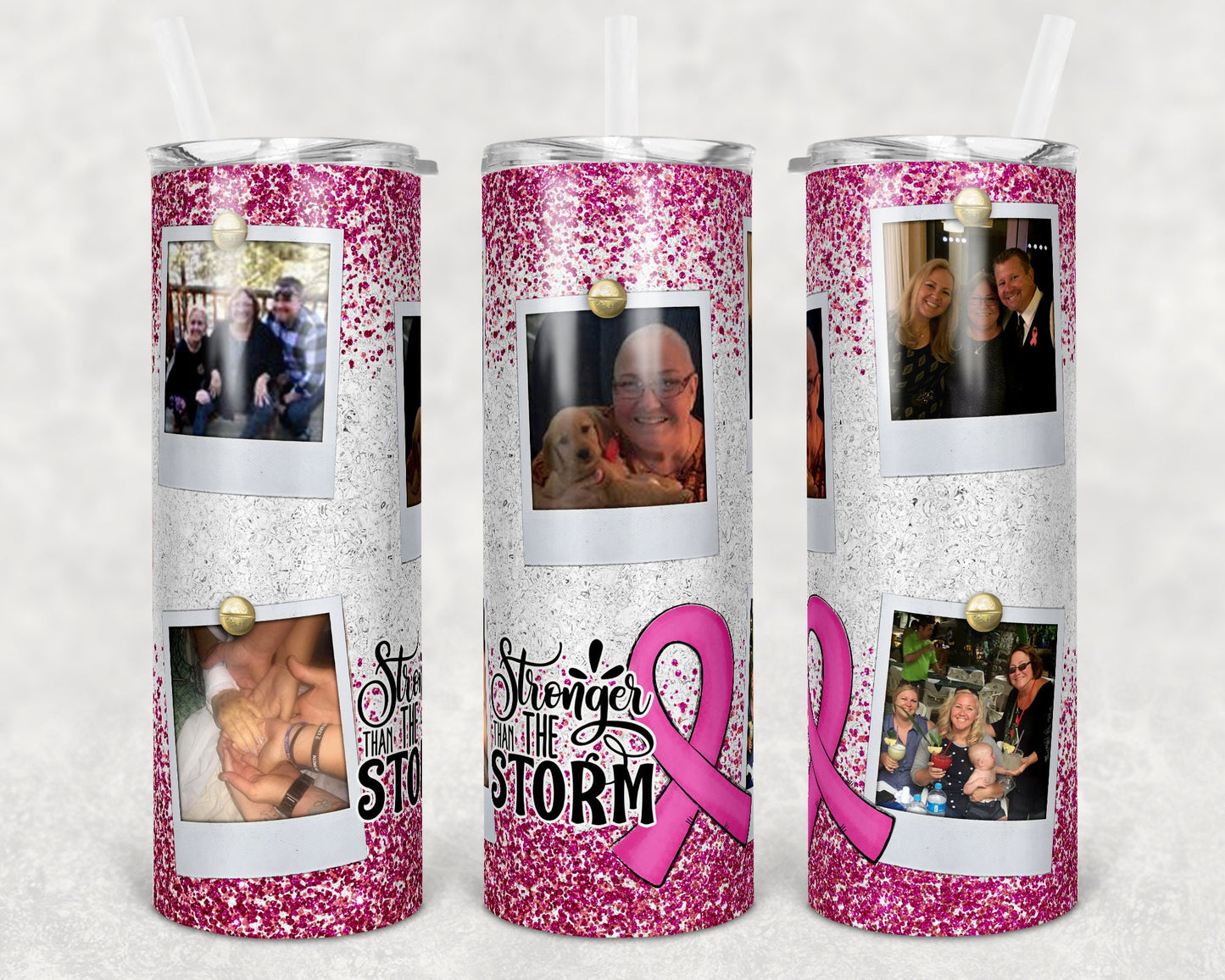 20 oz Skinny Tumbler Sublimation Glitter Pink Breast Cancer Awareness Photo Straight and Warped Design tumblers
