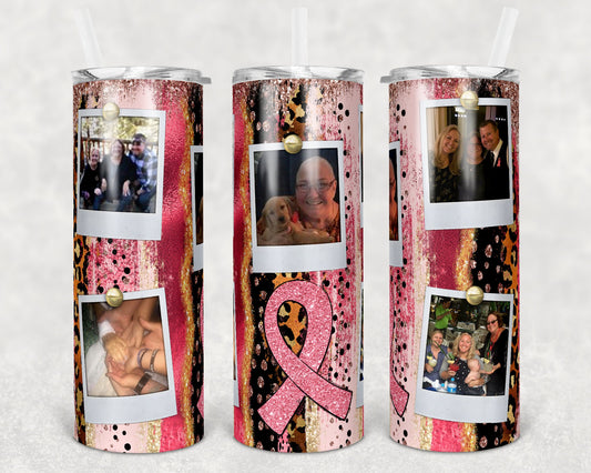 20 oz Skinny Tumbler Sublimation Glitter Pink Breast Cancer Awareness Photo Brush Stroke Straight and Warped Design tumblers