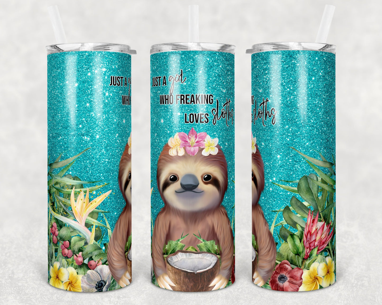 20 oz Skinny Tumbler Sublimation Design Template Glitter Teal Sloth Straight and Warped