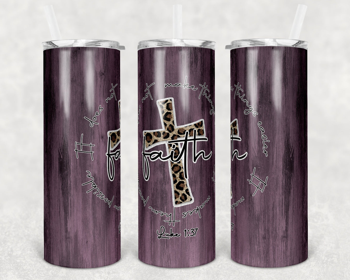 20 oz Skinny Tumbler Purple Wood Faith Quote Leopard Cross Sublimation Design Print Transfer