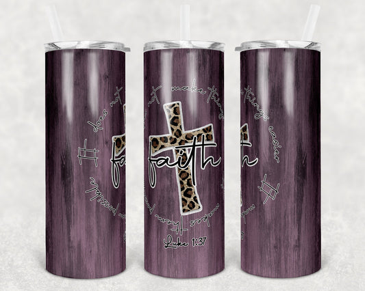 20 oz Skinny Tumbler Purple Wood Faith Quote Leopard Cross Sublimation Design Print Transfer