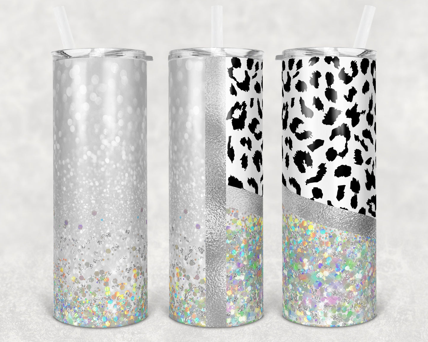 20 oz Skinny Tumbler Sublimation Design Template White Holographic Leopard Plain and Quote Straight Warped Design