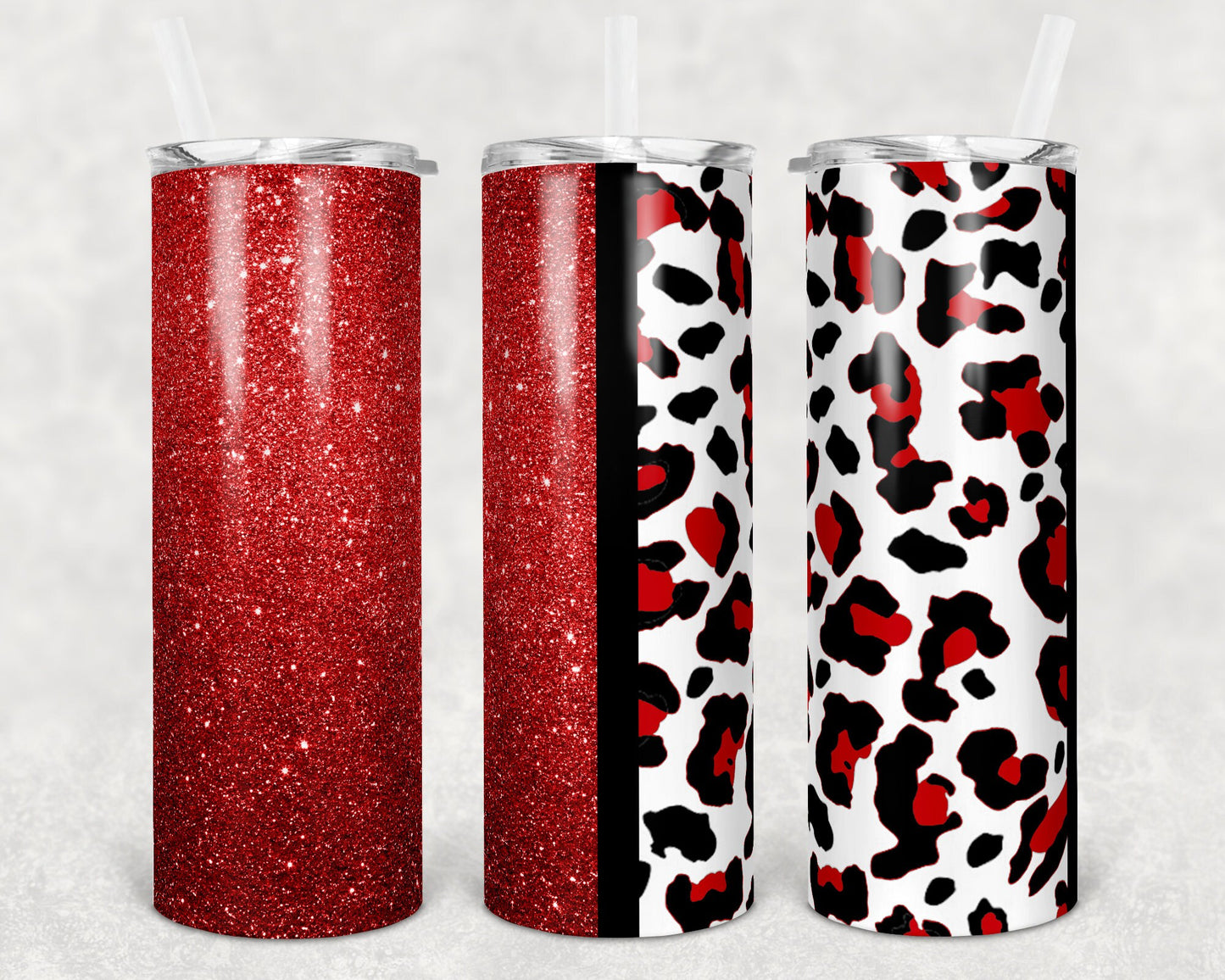 20 oz Skinny Tumbler Sublimation Design Template Red Glitter Leopard Plain and Quote Straight Warped Design