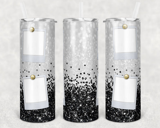 20 oz Skinny Tumbler Black Glitter with Pictures Photo Faux Glitter Confetti Sublimation Design