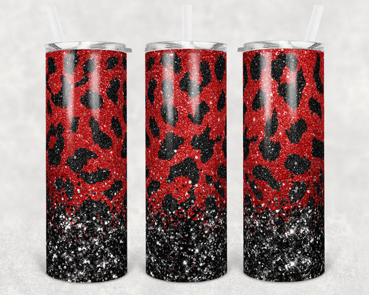 20 oz Skinny Tumbler Sublimation Design Template Red Leopard Glitter Overlay Design tumblers