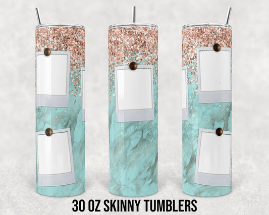 30 oz Skinny Tumbler Sublimation Design Template Aqua and Rose Gold w Photo Spots Straight and Warped