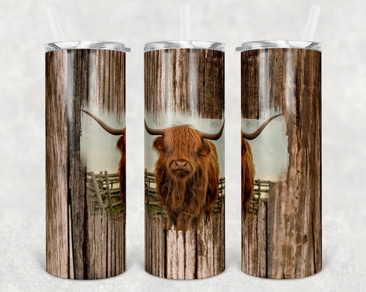 20 oz Skinny Tumbler Sublimation Bull Highland Cow Rustic Wood Design