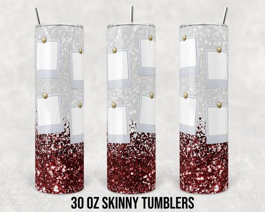 30 oz Skinny Tumbler Sublimation Design Template Maroon Glitter w 8 Photo Spots Straight and Warped