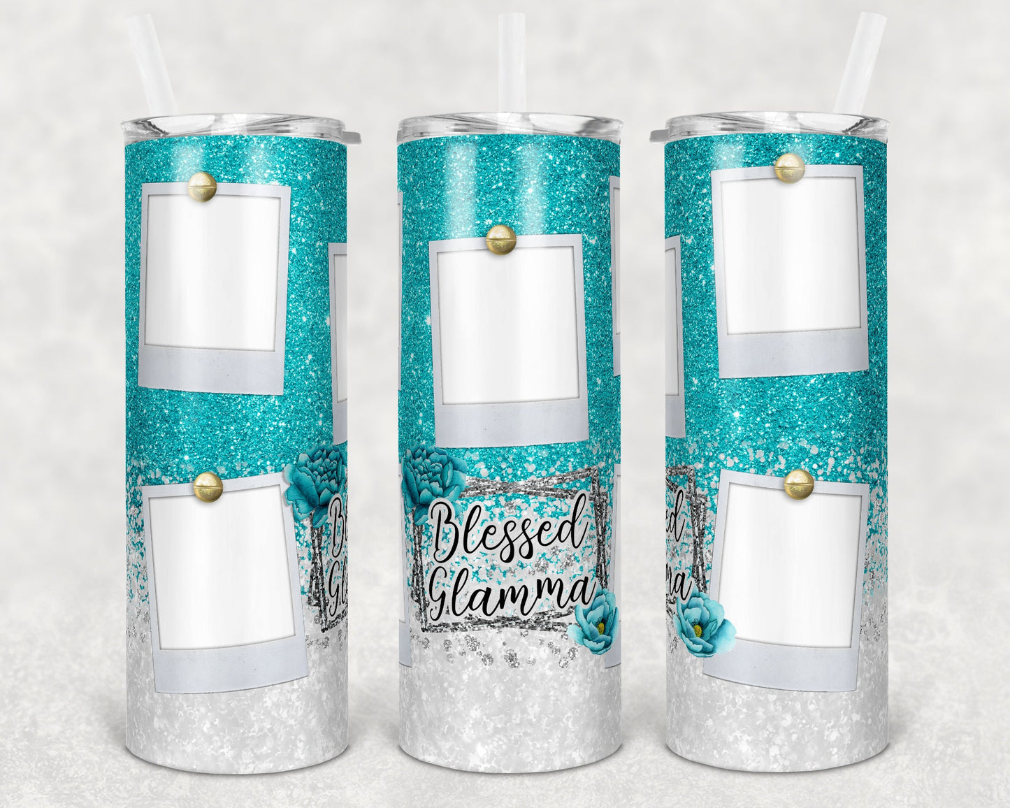 20 oz Skinny Tumbler Blessed Teal White Glitter 5 Photo Picture Sublimation Design
