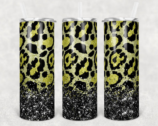 20 oz Skinny Tumbler Sublimation Design Template Yellow Leopard Glitter Overlay Design tumblers