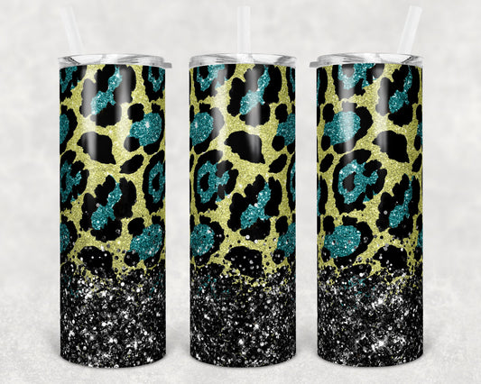 20 oz Skinny Tumbler Sublimation Design Template Teal Yellow Leopard Glitter Overlay Design tumblers