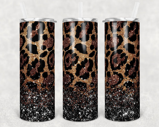 20 oz Skinny Tumbler Sublimation Design Template Brown Leopard Glitter Overlay Design tumblers