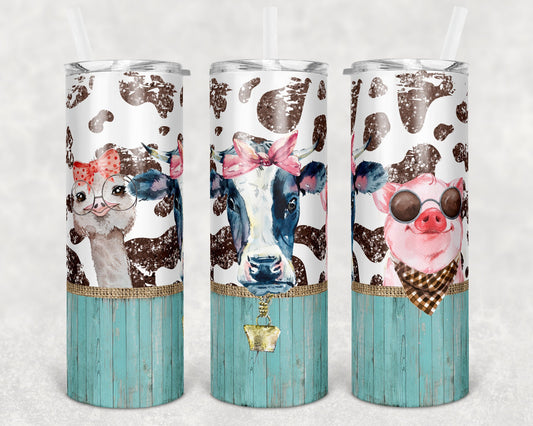 20 oz Skinny Tumbler Sublimation Cow Print Farm Animals Burlap Glitter Design