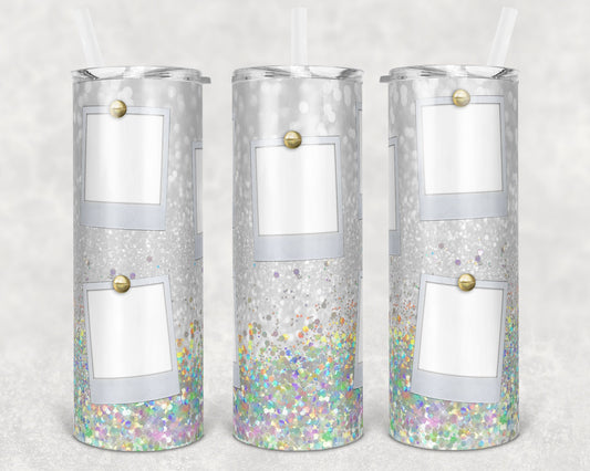 20 oz Skinny Tumbler Blessed Faux Holographic White Glitter 5 Photo Picture Sublimation Design