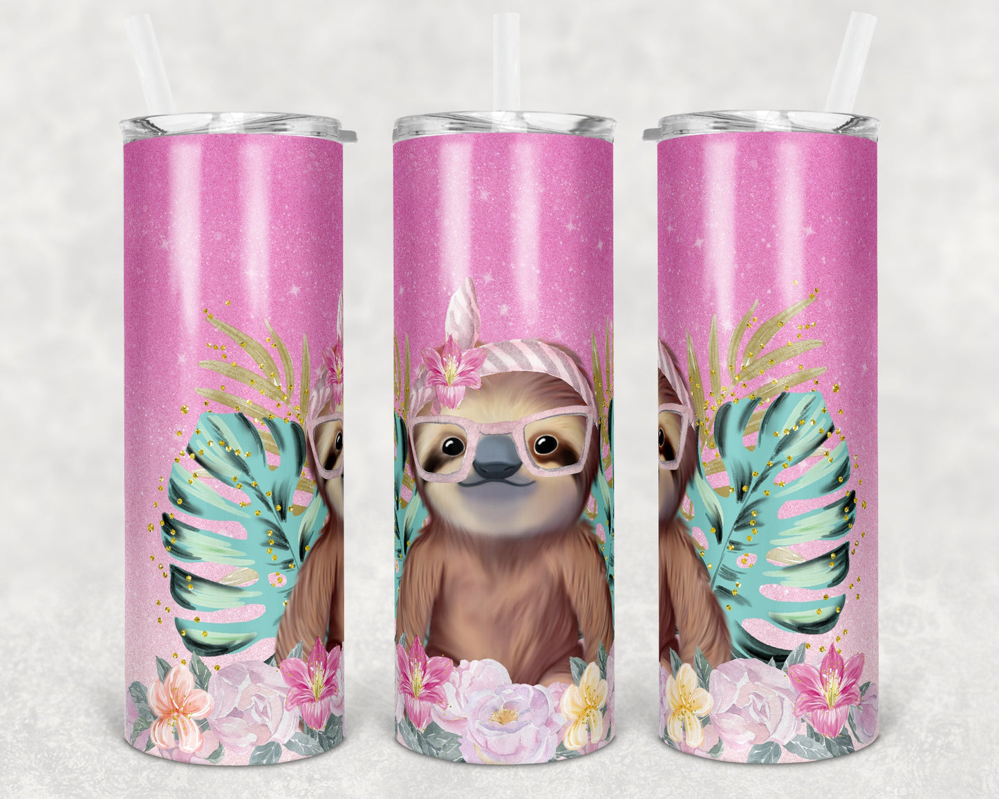 20 oz Skinny Tumbler Sublimation Design Template Ombre Glitter Sloth Straight and Warped