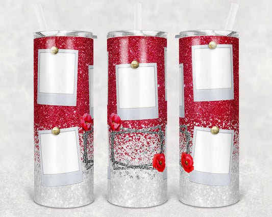 20 oz Skinny Tumbler Blank Red White Glitter Photo Picture Sublimation Design