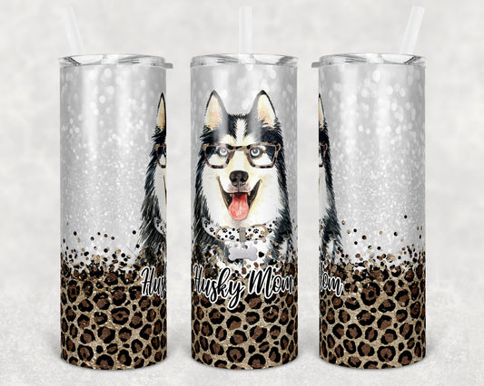 20 oz Skinny Tumbler Sublimation Husky Dog Mom Glitter and Leopard Template Straight Warped Mothers Day Dog Mama