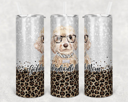 20 oz Skinny Tumbler Sublimation Golden Doodle Dog Mom Glitter and Leopard Template Straight Warped Mothers Day Dog