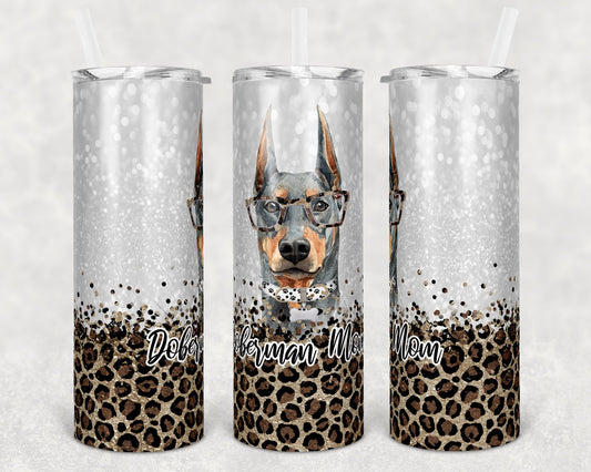 20 oz Skinny Tumbler Sublimation Doberman Dog Mom Glitter and Leopard Template Straight Warped Mothers Day Dog