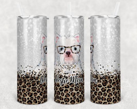 20 oz Skinny Tumbler Sublimation Westie Dog Mom Glitter and Leopard Template Straight Warped