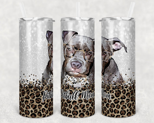 20 oz Skinny Tumbler Sublimation Pitbull Pitty Dog Mom Glitter and Leopard Template Straight Warped