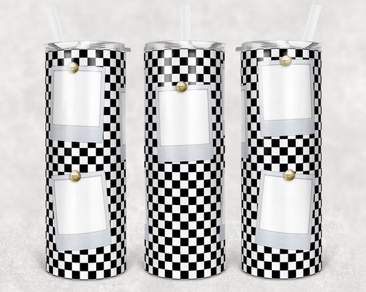 20 oz Skinny Tumbler Blessed Faux Holographic Checkered Flag Racing 5 Photo Picture Sublimation Design