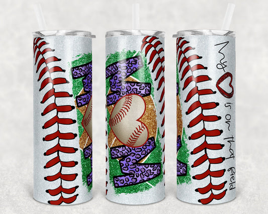 20 oz Skinny Tumbler Baseball Mom Purple Leopard Heart on Field Sublimation Design Template Design