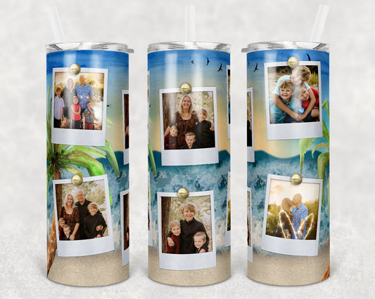 20 oz Skinny Tumbler Picture Frame Beach Scene Palm Tree 6 Photo Background Sublimation Design