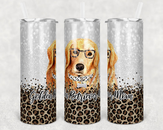 20 oz Skinny Tumbler Sublimation Golden Retriever Dog Mom Glitter and Leopard Template Straight Warped Mothers Day Dog