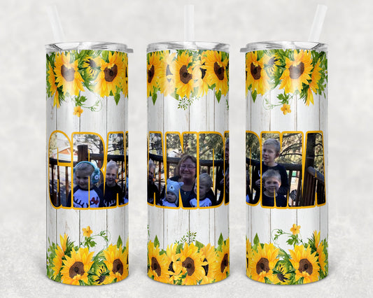 20 oz Skinny Tumbler Picture Frame Rustic Wood Sunflower Grandma photo Space Sublimation Design Mothers Day
