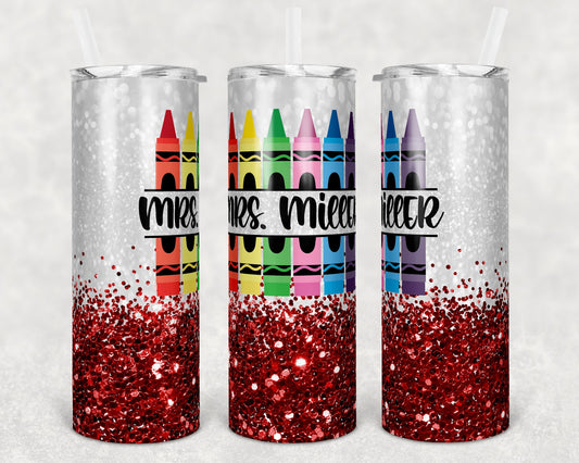 20 oz Skinny Tumbler Crayon Colors Red Glitter Teacher Tumbler Sublimation Design
