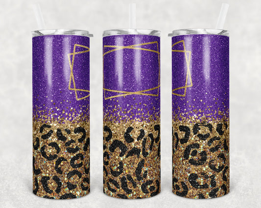 20 oz Skinny Tumbler Blank Frame Leopard Gold Purple Glitter Sublimation Design