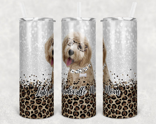 20 oz Skinny Tumbler Sublimation Labradoodle Dog Mom Glitter and Leopard Template Straight Warped