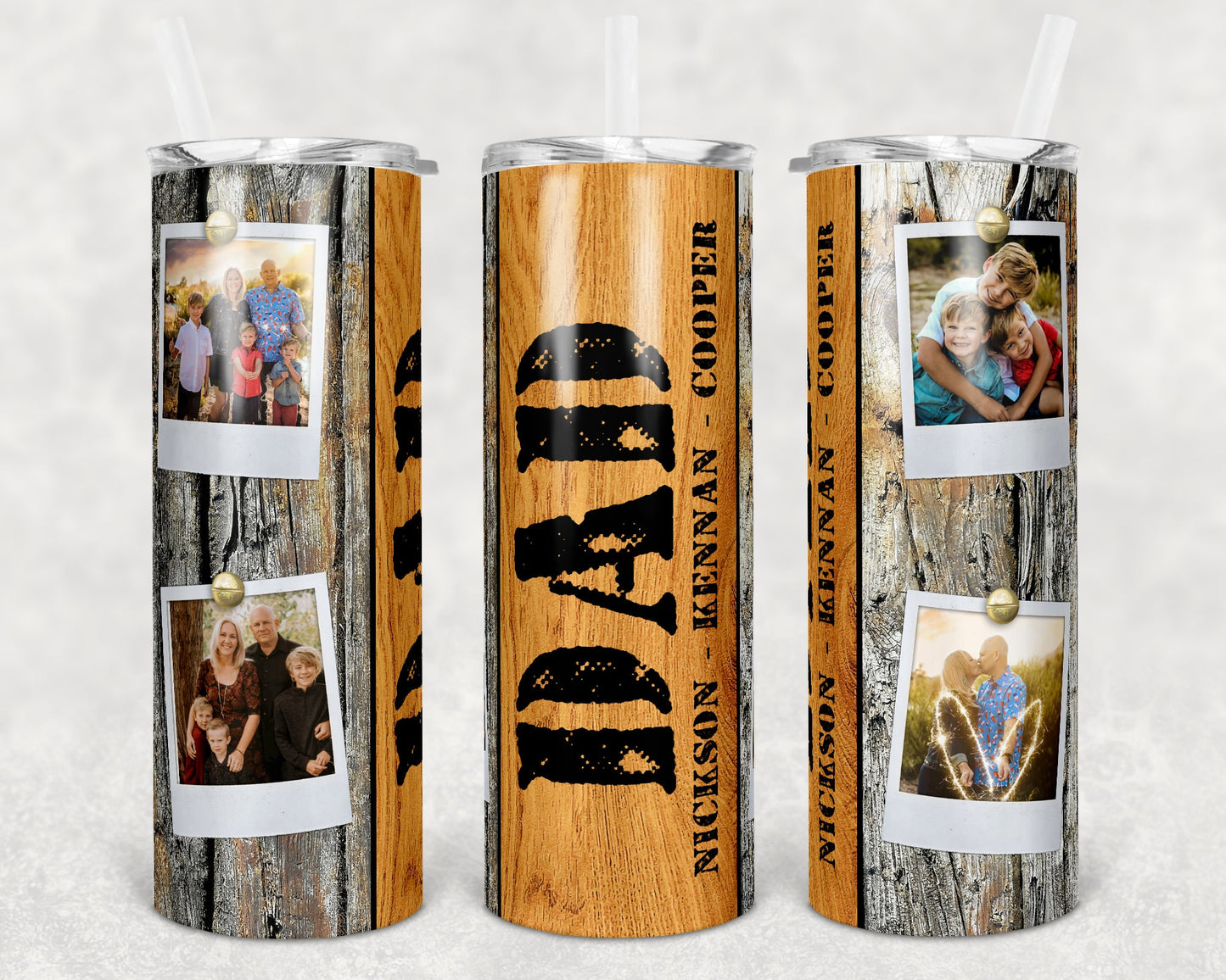 20 oz Skinny Tumbler Picture Frame Tumbler Dad Faux wood 4 photo name plate Sublimation Design