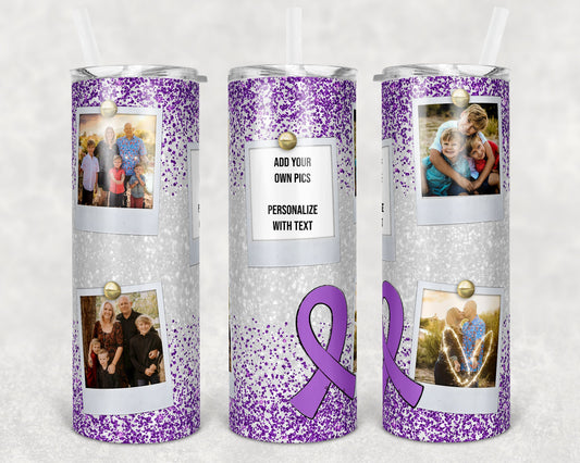 20 oz Skinny Tumbler Sublimation Glitter Purple Cancer Awareness Straight and Warped 5 Photo Picture Design