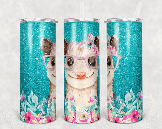 20 oz Skinny Tumbler Sublimation Design Template Cute Teal Glitter Oppossum Straight and Warped
