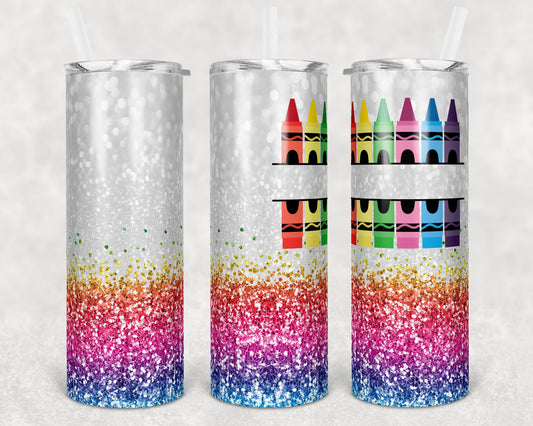 20 oz Skinny Tumbler Rainbow Glitter Teacher Tumbler add your own quote Sublimation Design crayon