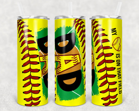 20 oz Skinny Tumbler Softball Dad Heart on Field Laces Sublimation Design Template Design