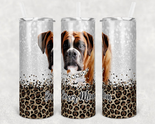 20 oz Skinny Tumbler Sublimation Boxer Dog Mom Glitter and Leopard Template Straight Warped