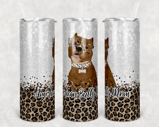 20 oz Skinny Tumbler Sublimation American Bully Dog Mom Glitter and Leopard Template Straight Warped