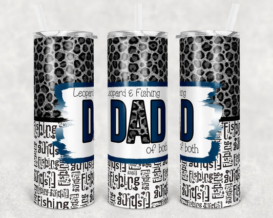 20 oz Skinny Tumbler Sublimation Design Template Leopard Fishing Dad of Both Blue Grey Straight and Warped Design
