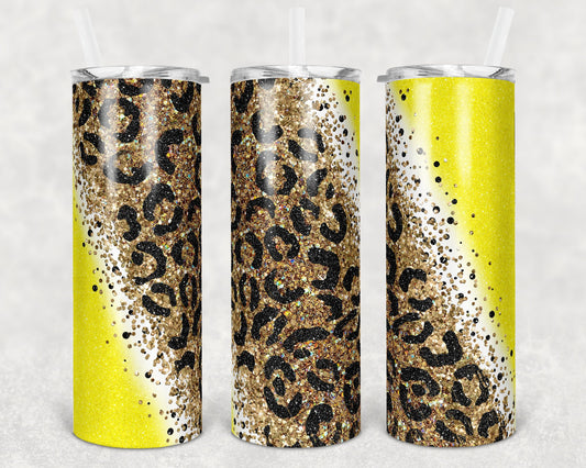 20 oz Skinny Tumbler Sublimation Design Template Glitter Gold Yellow Diagonal Leopard Straight and Warped Design