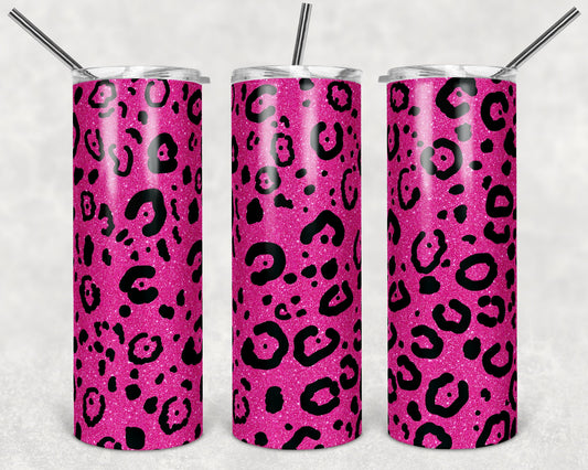 20 oz Skinny Tumbler Sublimation Design Template Hot Pink Leopard Glitter Design tumblers