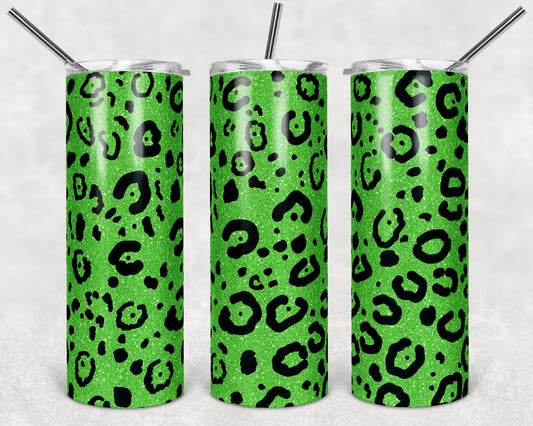 20 oz Skinny Tumbler Sublimation Design Template Green Leopard Glitter Design tumblers